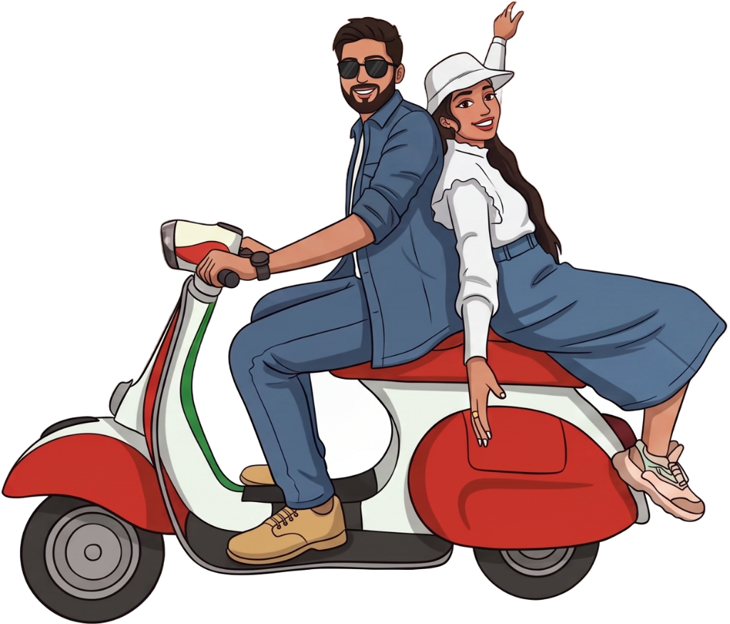 Cartoon illustration of Deepasri and Manikandan riding a red scooter
